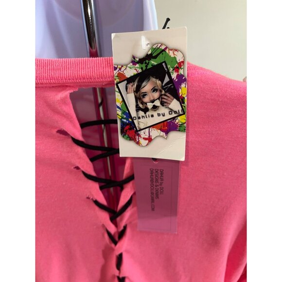 Rolling Stones Pink Cut-Out Lace-Up‎ Fringe Shirt Top With Tassels Large Custom - Picture 6 of 6